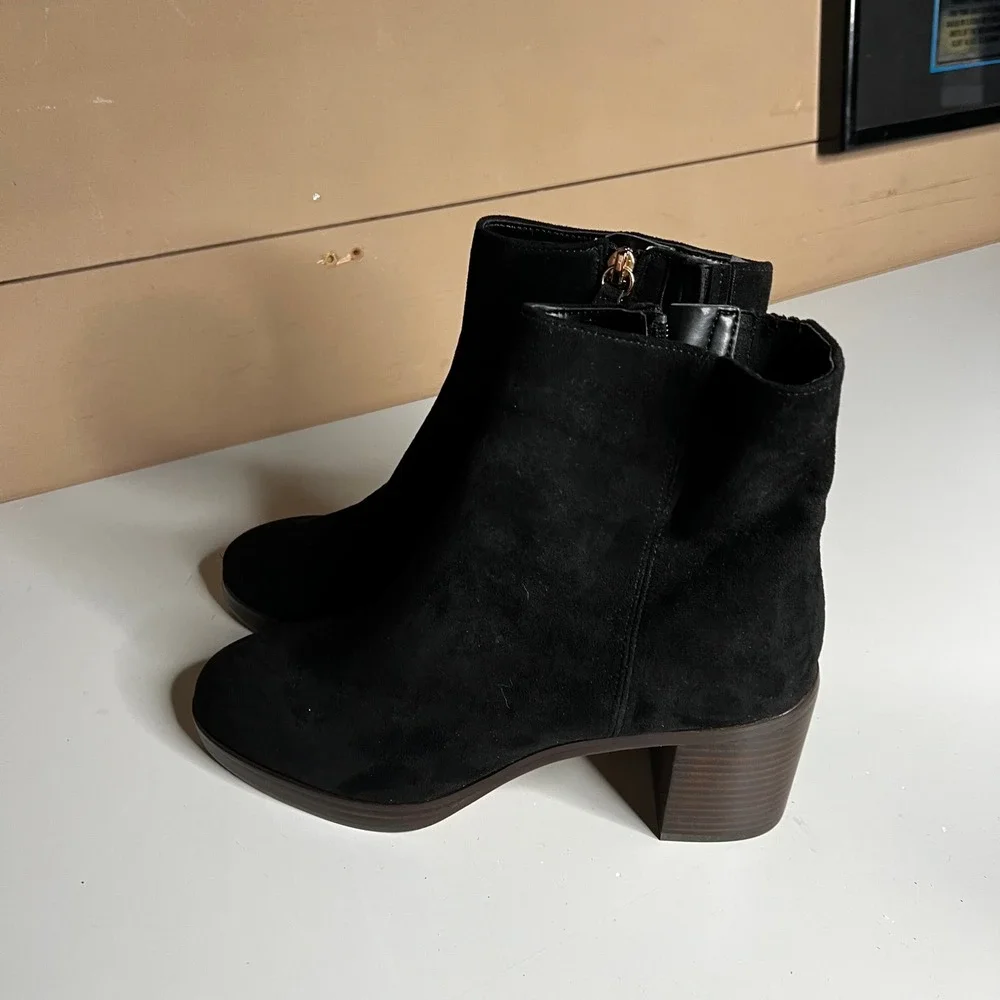 J.Crew Black Suede Textile Ankle Boots Block Heel Side‎ Zip BT278 Womens 8.5